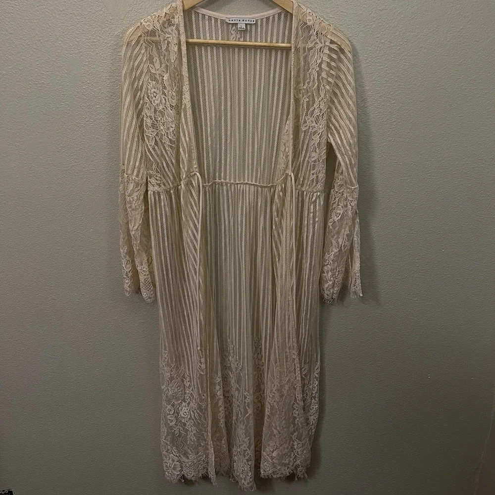 Haute Monde Lace Robe Cover Split Bell Sleeves Tie Beige Blush Coquette Up Sz L‎
